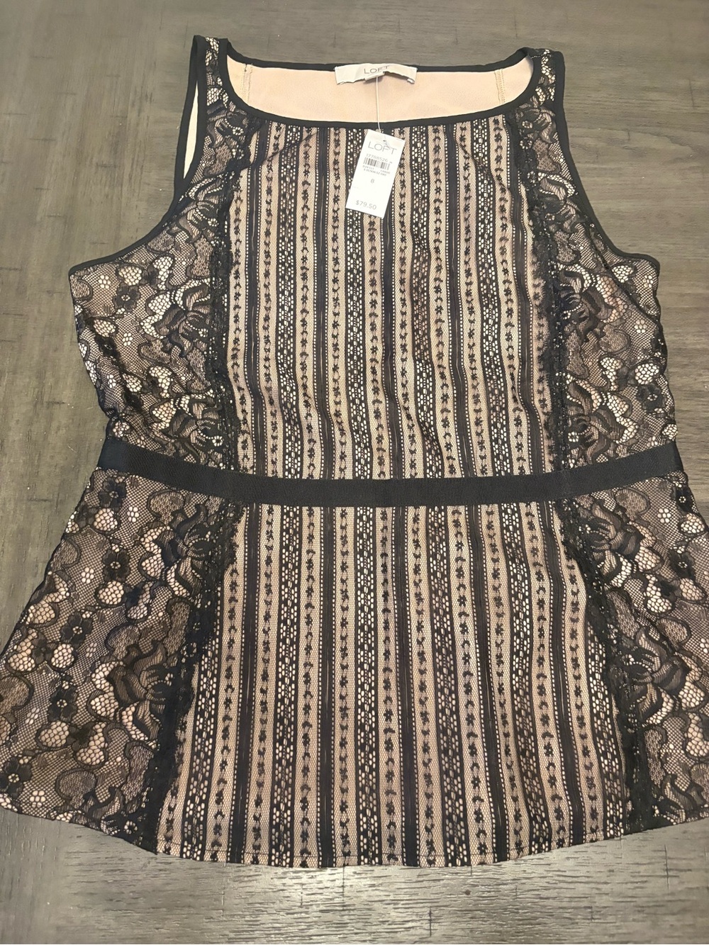 Ann Taylor LOFT Tan with Black Lace Overlay Sleeveless Blouse size 8 NWT